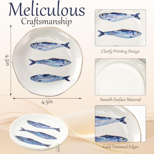 Whaline Sardines Ceramic Jewelry Tray with Gold Rim Small Decorative Trinket Dish Ocean Fish Key Tray for Rings Earrings Necklaces Bracelets Watch Keys Women Bathroom Dresser Table Countertop - Image 2