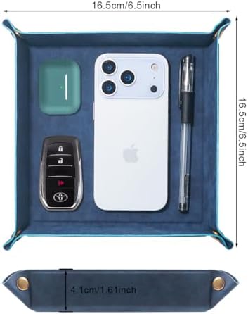 Valet Tray Desktop Storage Organizer – Premium PU Leather Catchall Bedside Vanity Tray Nightstand Caddy Holder for Remote Controller, Keys, Phone, Wallet, Coin, Jewelry,Blue - Image 2