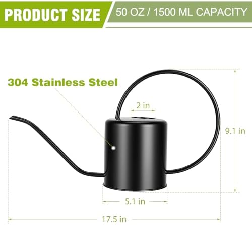 Plant Watering Can, 50 oz / 1500 ml Stainless Steel Metal - Modern Decorative with Long Spout for Indoor Potted Plants, Bonsai, Garden Flowers, Black - Image 3