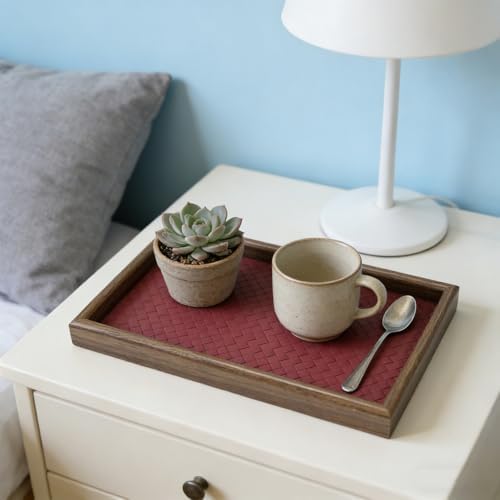 Wooden Valet Tray with Leather Base, Red - Image 5