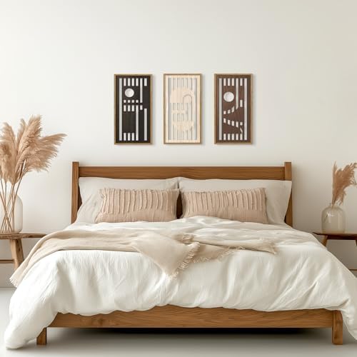 HPNIUB 3 PCS Boho Wall Decor,Black White Century Abstract Mask Geometric Line Carved Hanging Wood Sign for Living Room,8x16Inch Modern Neutral Wooden Plaque for Apartment Bedroom Office Decoration - Image 6