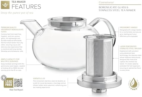 Teabloom Connoisseur Glass Teapot with Stainless Steel Infuser for Loose Tea – 4-Cup Capacity, Stovetop-Safe, Durable Borosilicate Glass, Perfect for Hot and Iced Tea - Image 5