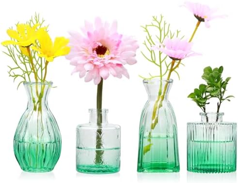 Glass Bud Vases Set of 4, Small Green Flower Vases for Wedding Centerpiece by Mapoxy