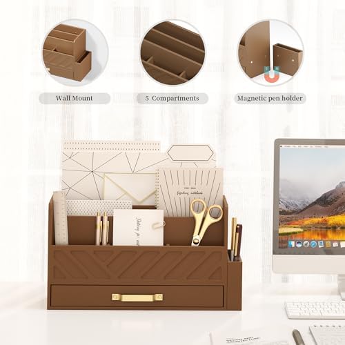 Bamboo Mail Organizer Countertop Pen Holder Wooden Desktop Storage Drawers - Image 5