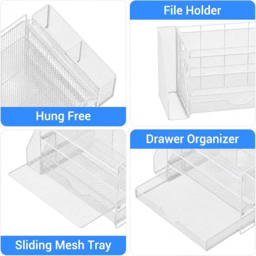 OPNICE Desk Organizers and Accessories, 4-Tier Desktop File Organizer with Drawer and Pen Holders, Office Desk Accessories Workspace Organizers for Office Supplies (Soft White) - Image 6