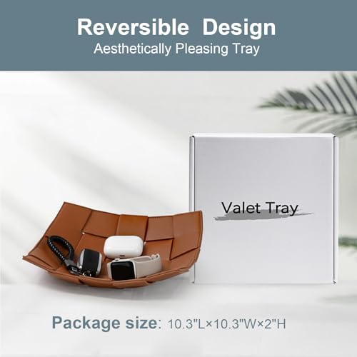 Valet Tray PU Leather Key Holder Bowl for Men and Women Entryway Table Nightstand Catchall Storage Organizer EDC Dump Tray for Wallet, Keys, Coins Men's Gift - Brown, 9.8" L x 9.8" W x 2" H - Image 3