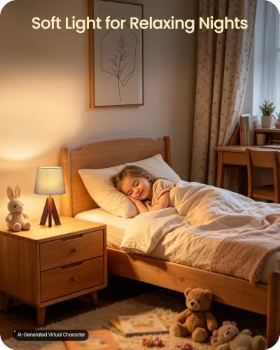 Tripod Table Lamp, 14.6" Small Bedside Lamp with Gray Linen Shade & Dark Wood Base, Modern Nightstand Lamp for Bedroom, Kids Room, Living Room, Nursery, Office, E26 Socket, LH51TL05 - Image 6