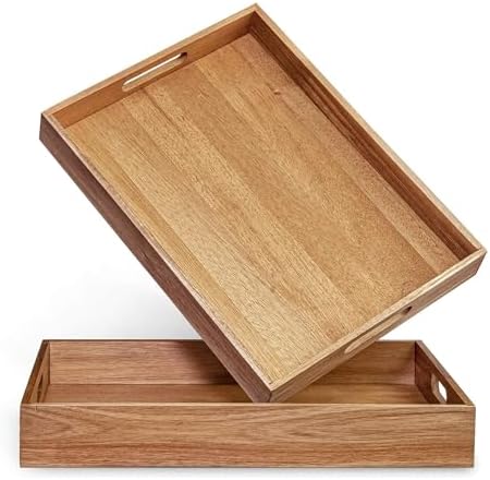 Acacia Wood Serving Tray with Handles Set of 2 – Decorative Serving Trays Platter for Breakfast in Bed, Lunch, Dinner, Patio, Ottoman, Coffee Table, BBQ, Party –Great for Lap &Couch by KARRYOUNG