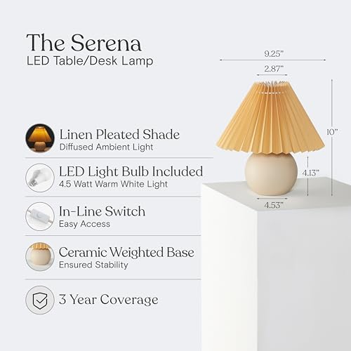 Brightech Serena LED Table Lamp - Small 10" Modern Ceramic Lamp with Pleated Shade for Bedside, Nightstand, Desk - Mini Night Light with Cozy Soft White Light for Living Room, Bedroom - Peach - Image 3