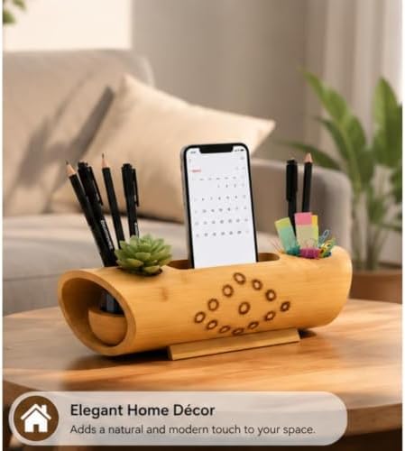 Bamboo Desk Organizer with Phone Stand Pen Holder Desktop Storage Caddy for Office Home Workspace Supplies Accessories - Image 6