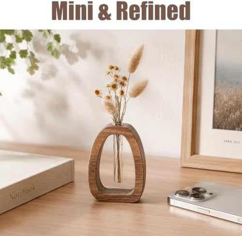 Mini Wood Vase Terrarium, Glass Tube Plant Propagation Station, MCM Decor - Image 2