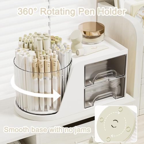 SAYEEC Rotating Desk Organizer with 2 Drawer 6 Slots Multi-Functional Pencil Pen Holder Desktop Makeup Organizer Stationery Accessories Storage Box Caddy for Office School Home Art Supplies (White) - Image 4