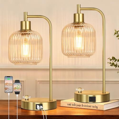 Clear Glass Table Lamps Set of 2, Dimmable Bedside Lamps for Living Room by Qimh