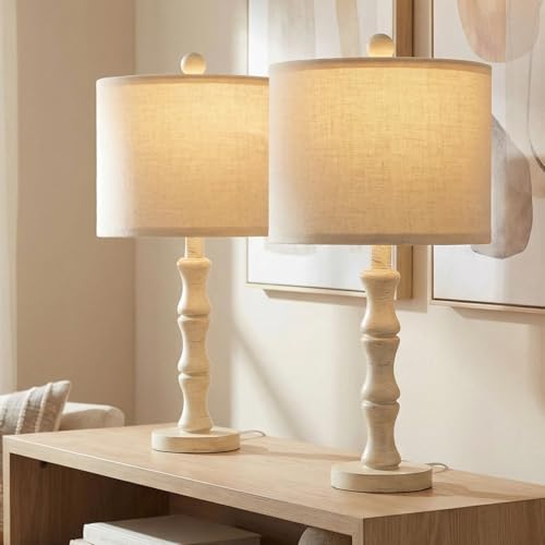 BOBOMOMO 20.5" Farmhouse Bedside Lamps Set of 2, Vintage Nightstand Lamps with Antique White Resin Base & Linen Shade, Small Table Lamps for Bedroom, Living Room, Nursery & Light Neutral Home Décor by BOBOMOMO