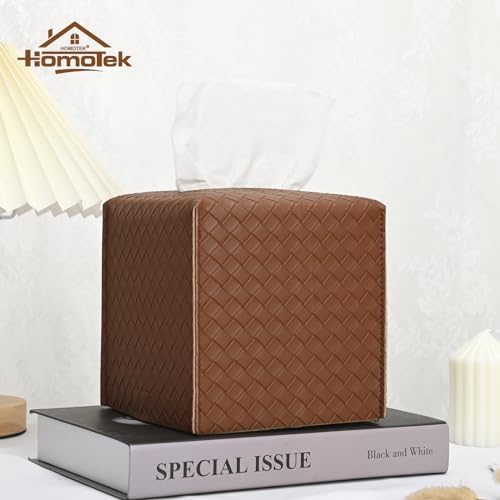 HOMOTEK 1 Pack Tissue Box Cover, Square PU Leather Tissue Holder, Decorative Facial Tissue Cube Paper Organizer Dispenser for Bathroom, Night Stands, Desk, Car 5X5X5'' - Woven Waffle,Chocolate - Image 4