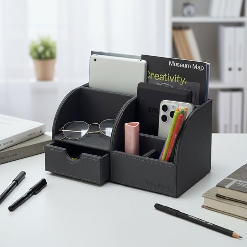 UnionBasic Desk Organizer - Multifunctional Leather Desktop Pen Holder Storage Box - Business Card/Pen/Pencil/Mobile Phone/Stationery Holder, Taiga Dark Gray - Image 4