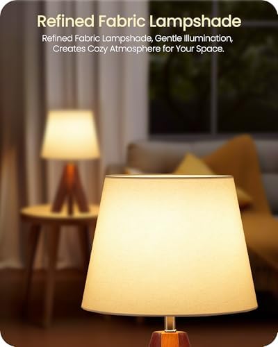 Small Tripod Table Lamps Set of 2, Modern Nightstand Lamp with Fabric Shade, Boho Bedside Wood Desk Light for Bedroom, Kids Room, Living Room, Office, Study, Dark Wood and White, LW51TLP205 - Image 2