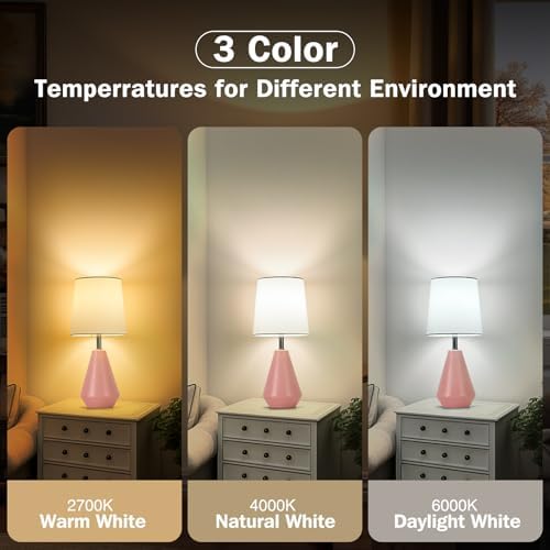 Small Bedside Table Lamp for Bedroom-Reading Desk Lamp Set of 2,with 3 Color Temperatures,15.5" Nightstand Ceramic Lamp with Fabric Shade for Kids Room,Living Room,Dorm,Home Office(Pink+White) - Image 2