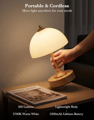ROTTOGOON Cordless Table Lamp, 5200mAh Wood Grain Rechargeable Battery Operated Lamp, 3-Way Dimmable Touch Lamps, Small Glass Bedside Nightstand Light for Bedroom Dining Table Living Room - Image 5