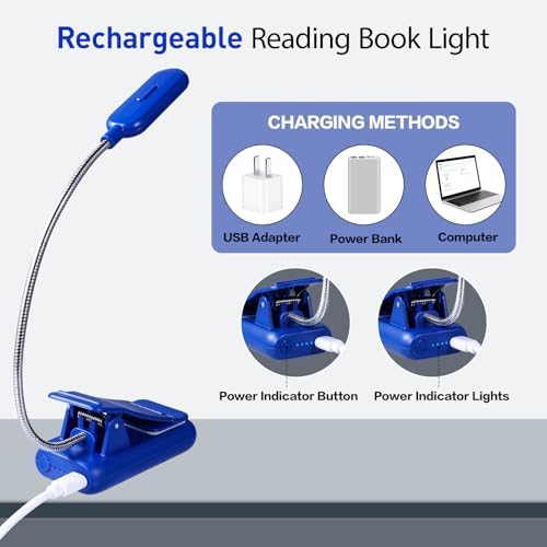 VAVOFO Rechargeable Book Light for Reading in Bed Kids, 7 LED Reading Light with 9-Level Warm Cool White Daylight, Eye Care Lamp with Power Indicator for Bookworms (Royal Blue) - Image 4