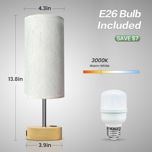 KPQ Bedside Lamp Touch Control Table Lamp with USB A+C Charging Ports & AC Outlet 3-Way Dimmable Nightstand Lamp with Linen Fabric Shade (Beige Shade-Wood Base, 14" Small Size Touch Control) - Image 6