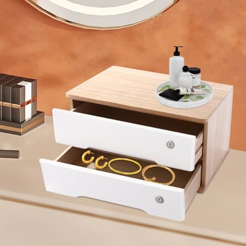 2-Tier Desktop Storage Box with Lockable Drawer, Wooden Desk Organizer for Office Supplies, Flat File Cabinet, Minimalist Design for Home & Office Use(Original Wood+White) - Image 5