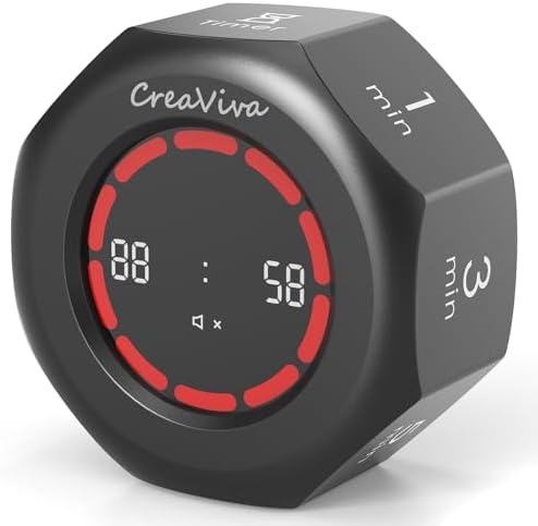 Flip Cube Pomodoro Timer - Rechargeable Visual Countdown & Count Up Stopwatch, 7 Preset Intervals, 3 Alarm Modes, Productivity Tool for ADHD, Kids, Study, Work & Kitchen (Gray) by CreaViva