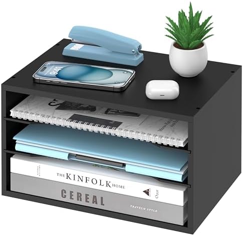 3-Tier Paper Organizer for Desk, Adjustable Mail Organizer, Black by SHARKWOODS