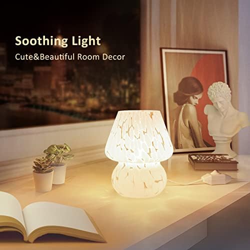 ONEWISH Mushroom Lamp Small Bedside Table Lamp-Nightstand Nightlight Dimmable Stepless, Translucent Glass White Desk Lamp for Bedroom Dorm Living Kitchen, Murano Style Aesthetic Cute Home Decor - Image 4