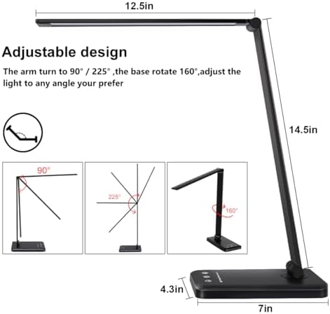 White crown LED Desk Lamp Dimmable Table Lamp Reading Lamp with USB Charging Port, 5 Lighting Modes, Sensitive Control, 30/60 Minutes Timer (Black, First-Generation) - Image 5
