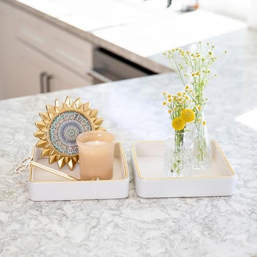 2 Pack White Catch All Trays for Jewelry| Small Leather Valet Tray| Key Bowl for Entryway Table EDC Trinket Tray CatchAll| Perfume Trays for Dresser Organizer Perfume Holder (Set of 2) - Image 6