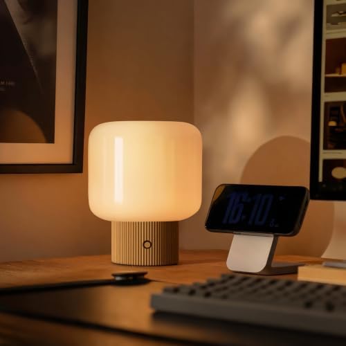 MAGCHARM Halo Mushroom Lamp, 5W Cute Cordless Rechargeable Table Lamp with Glass Shade, 3 Color Temps LED Dimmable Ambient Lighting, Small Retro Touch Bedside Light for Bedroom Decor, Mustard Yellow by Magcharm