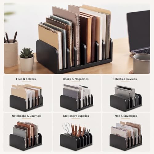 Lineshading Bamboo Letter Organizer, 5 Compartments Desk Mail Organizer, Desktop Envelope Holder and Letter Sorter, Countertop Paper File Holders with Anti Slip Mat for Home Office(Black) - Image 4