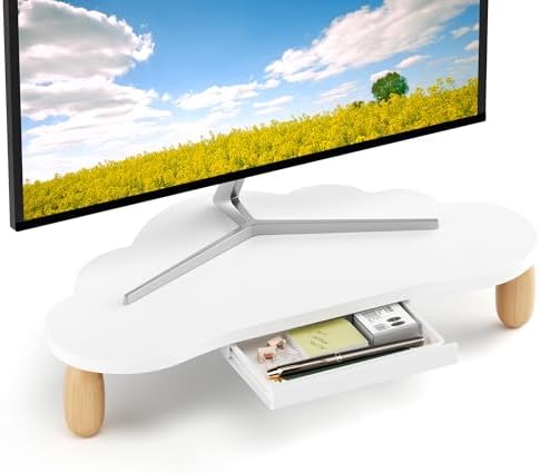 AFOOYO Monitor Stand Riser,Cloud-Shaped Sturdy Wood 16.5In Computer Monitor Riser Wirh Drawer, Multi-Purpose Desktop Organizer Riser for Computer,Laptop,Printer,TV,White by AFOOYO