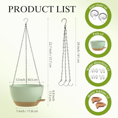12 Inch Hanging Baskets 2 PC with Chains, Self-Watering Hanging Planters for Indoor Outdoor Plants, Plastic Hanging Flower Pots,Green Brown - Image 2
