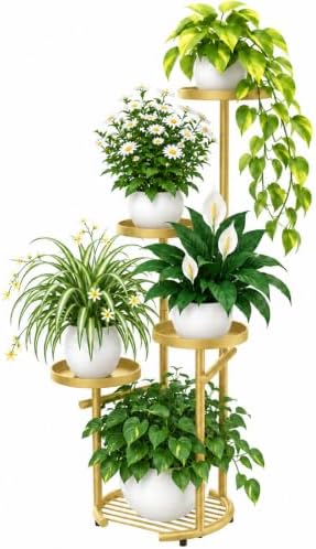 TOSKING Tall 5-Tier Round Metal Corner Plant Stand Indoor, Anti-Tip, Gold by TOSKINGESSENCE