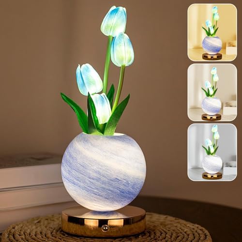 Tulip Table Lamp, Rechargeable Cordless Touch Dimming Artificial Tulip Flower Desk Lamp, LED Flower Bedside Night Light Romantic Gifts for Girl Women Mom (Blue) by Strackvial