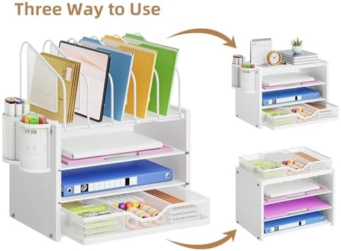 Marbrasse Desk Organizer with Drawer, 4-Tier Wooden File Organizer with 5 Vertical File Holders and 2 Pen Holders, Desk Organizers and Accessories for Home Office - White - Image 4