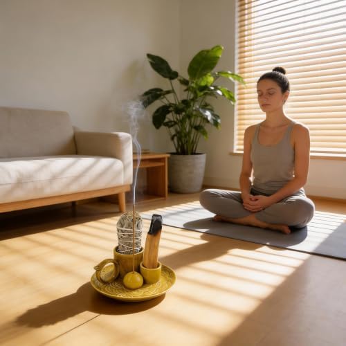 Tnstbiee 4 Inch 5-in-1 Yellow Ceramic Incense Holder,Multi-Use Smudge Tray - Image 4