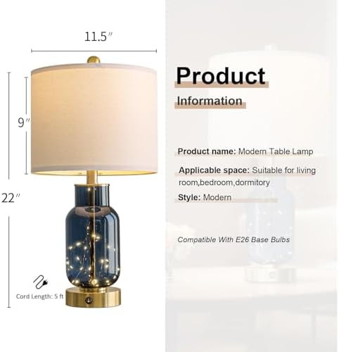 Oneach 22" Glass Table Lamps Set of 2 with LED Nightlight for Bedroom, Blue - Image 3