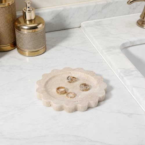 Koville 5.51" Travertine Tray, Natural Stone Trinket Dish for Ring Perfume, Round Scalloped Decorative Tray for Bathroom Vanity Dresser Countertop, Home Table Decor - Image 4