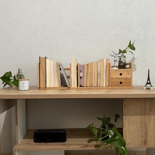 Desktop Bookshelf Expandable with Two Drawer Organizers Made of Bamboo, Collapsible Design & Compartments for Efficient, Clutter-Free Workspace Organization - Sleek Bookshelf - Image 5