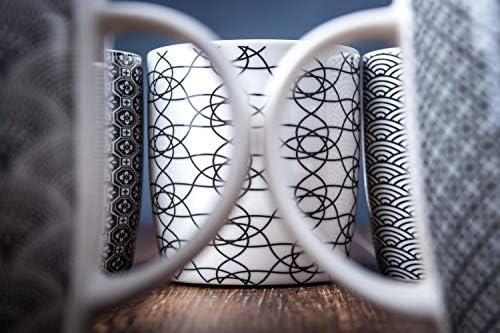 Set of 6 11.5 oz Coffee Mugs with Black and White Geometric Patterns, Ceramic Tea Cup Set - Image 7
