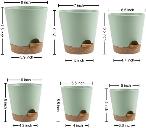 YNNICO Indoor Self Watering Planters with Drainage Holes and Saucers, 8, 7, 6.5, 6, 5.5, 5 Inches, Green, 6 Pots. - Image 4