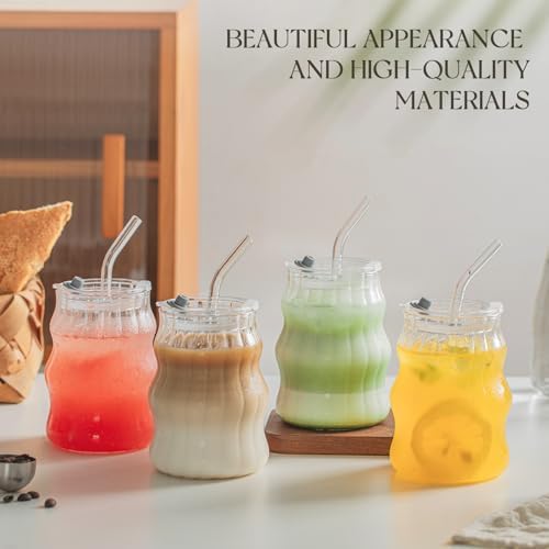 KEMORELA 4PCS Ribbed Glass Cups with Lids & Straws – 18oz Vintage Wavy Coffee Cups, Bubble Glass Aesthetic for Iced Coffee, Clear Ribbed Glasses with Straws, Ideal Drinkware Set - Image 2