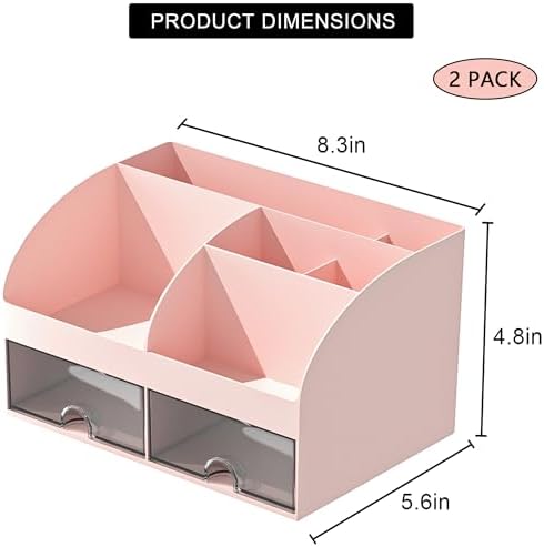 COMFYROOM Desk Organizer with 6 Compartments and 2 Drawers, Plastic Makeup Organizer, Pen Holder for Desktop Storage, Desk Organization for School, Home, Office Supplies Pink-2Pack - Image 2