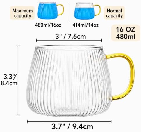 AVLA 6 Pack Glass Coffee Mugs, 16 OZ Unique Vertical Stripes Coffee Cup, Clear Large Tea Glasses with Handle, Vintage Transparent Glassware for Hot/Cold Beverages, Cappuccino, Latte, Espresso, Juice - Image 2
