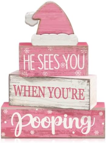 Moucuny 4 Pcs Funny Christmas Bathroom Decor Pink Santa Hat Wooden Signs by Moucuny