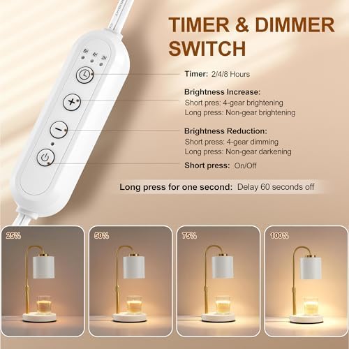 CASTLELIFE Dimmable Candle Warmer Lamp with Timer, Height Adjustable Candle Warmer for Jar Candles, Electric Wax Melt Warmer for Home Decor House Warming Gifts, Birthday Gifts for Women, White Gold - Image 3