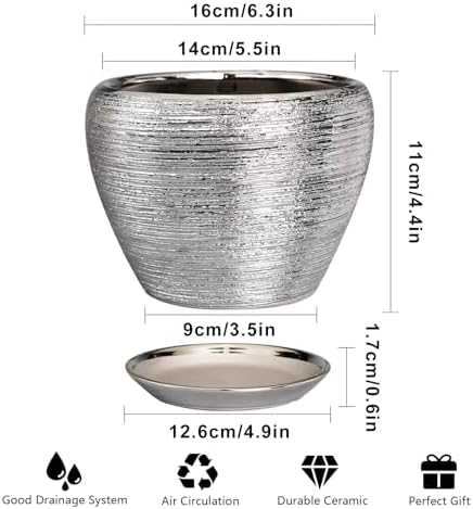 Ceramicfor Ceramic Planter - 6 Inch Plant Pot Indoor with Drainage Hole and Saucer Outdoor Pot for Plants Round Decorative Planter Modern Mid-Century Flower Pot for Office Decor Silver - Image 3